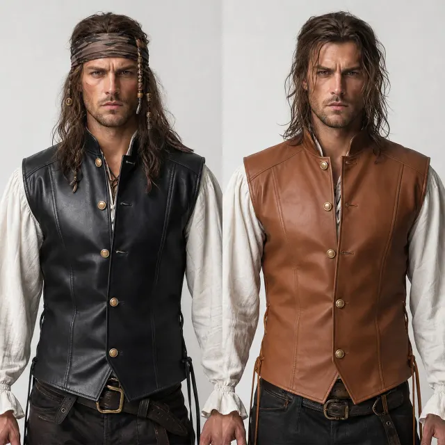 Men's short pirate vest in brown, styled for Halloween and Renaissance cosplay costumes.