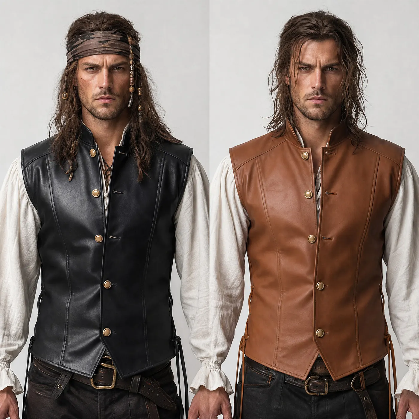 Men's short pirate vest in brown, styled for Halloween and Renaissance cosplay costumes.