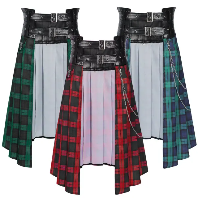 Red pleated plaid men's skirt in a gothic stage style, shown as a costume piece for cosplay and performance.