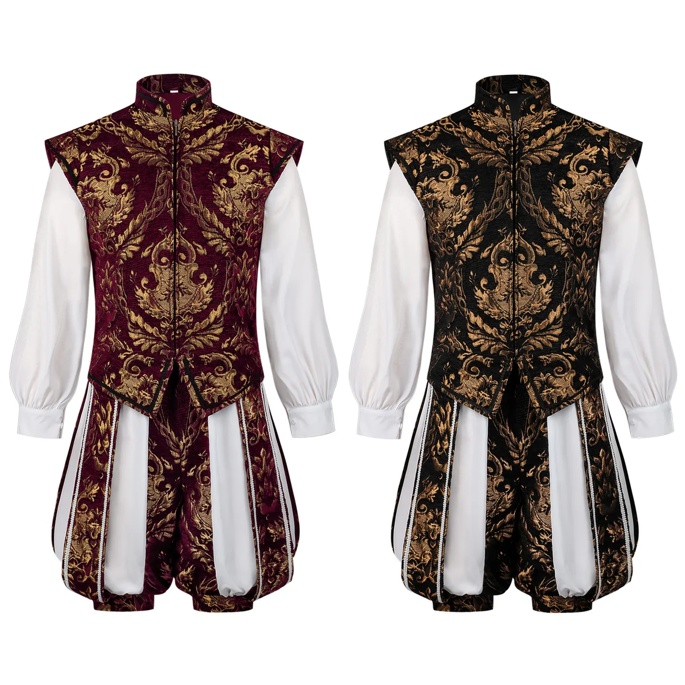 Men's Renaissance prince costume featuring a double-layer vest and pumpkin shorts with gold-stamped details.