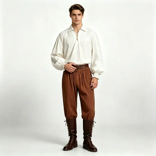 Men's Renaissance-style long-sleeve shirt with a ruffled V-neck and knot-button details, designed for medieval, pirate, or vampire cosplay.