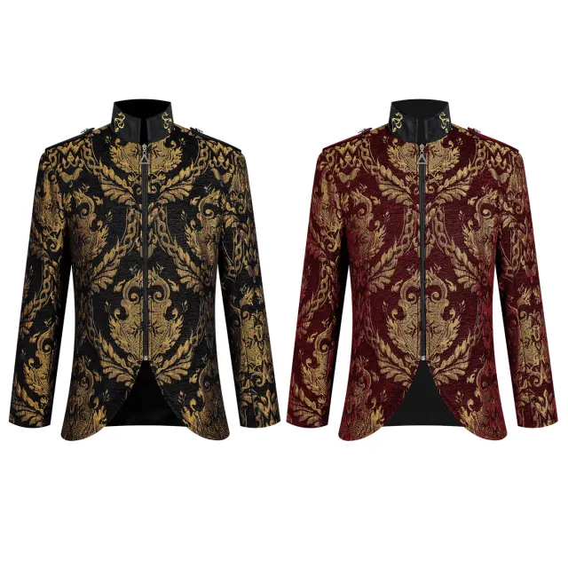 Veste de cour de style Renaissance pour homme, avec col montant et détails imprimés, conçue pour le cosplay et les spectacles de scène.