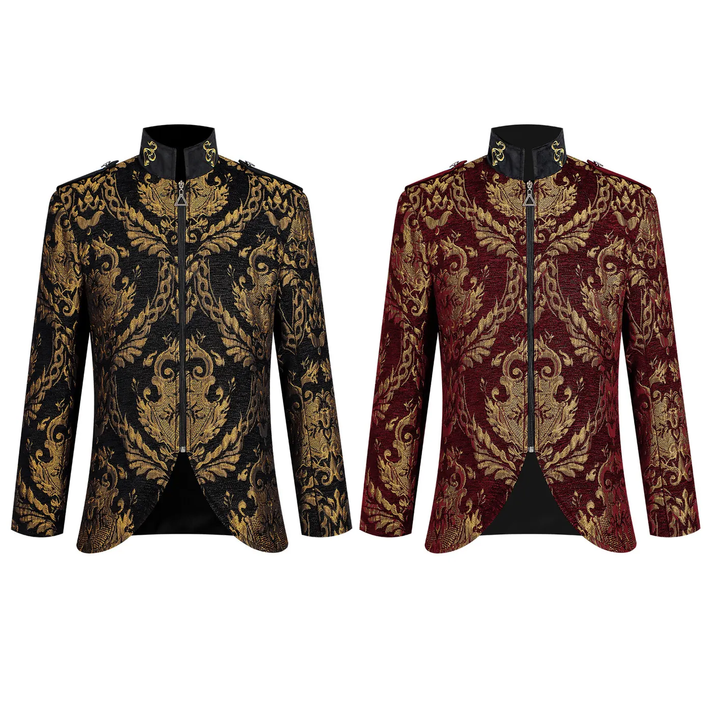 Men's Renaissance-style court jacket with a stand collar and printed detailing, designed for cosplay and stage performances.