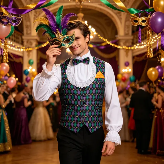 Men's Renaissance-style vest and long-sleeve shirt set displayed for Mardi Gras or carnival performance.