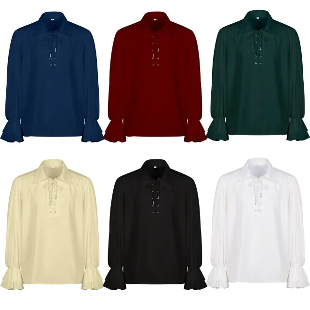 Men's long-sleeve Renaissance shirt with ruffled details, styled for Victorian steampunk cosplay.