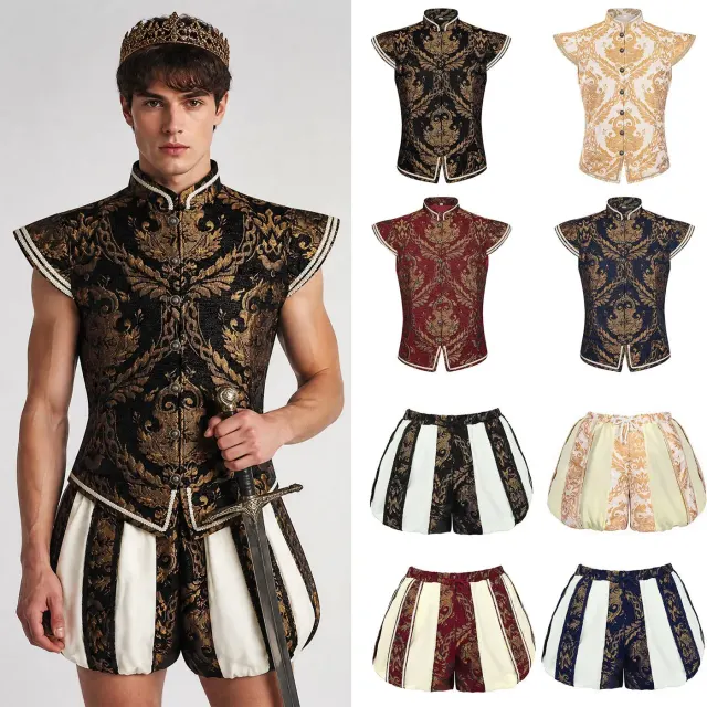 Men's royal king Halloween cosplay costume featuring a sleeveless jacquard vest and pumpkin pants in a vintage-inspired style.
