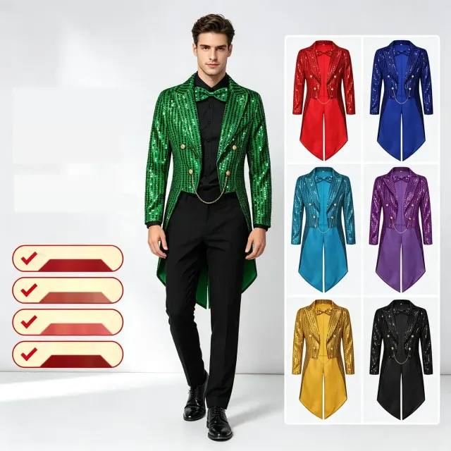 Men's shimmering green sequin tailcoat with long sleeves, shown for Halloween and stage performance styling.