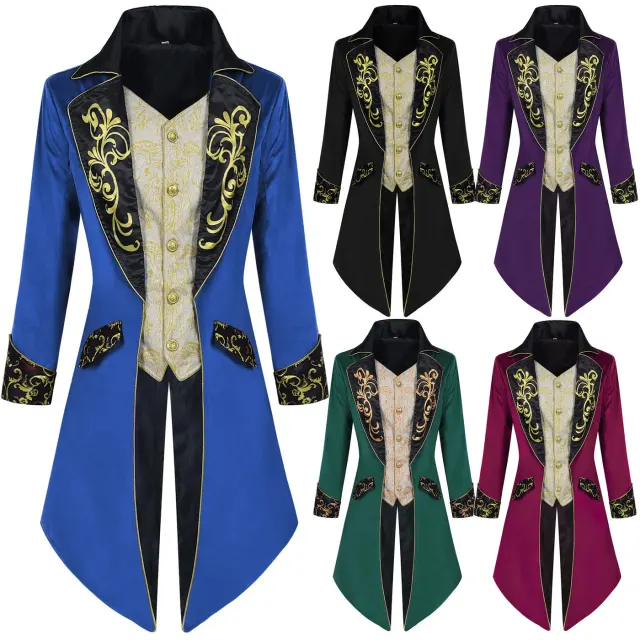 Men's gothic steampunk tailcoat jacket with long sleeves and embroidered detailing, displayed for a cosplay or stage costume catalog.