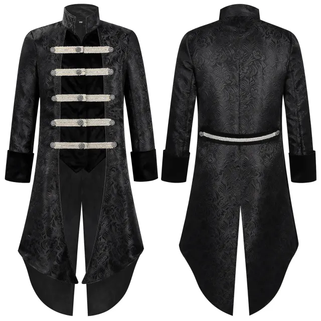 Men's steampunk gothic tailcoat costume with long sleeves and vintage print detailing.