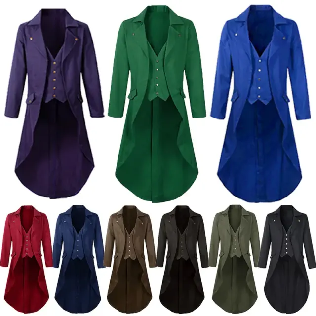 A men's long steampunk tailcoat with Gothic Victorian styling and printed details for cosplay and stage costumes.