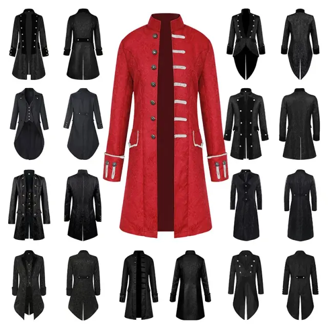 Men's black steampunk tailcoat with a stand collar, styled for stage costume wear.