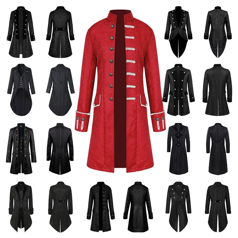 Men's black steampunk tailcoat with a stand collar, styled for stage costume wear.
