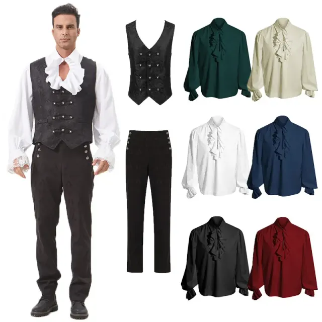 Men's steampunk Renaissance costume set with a long-sleeve shirt, three-row button vest, and jacquard pants.