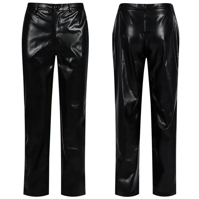 Black leather pants for men with a solid-color steampunk, retro, and rock-inspired design.
