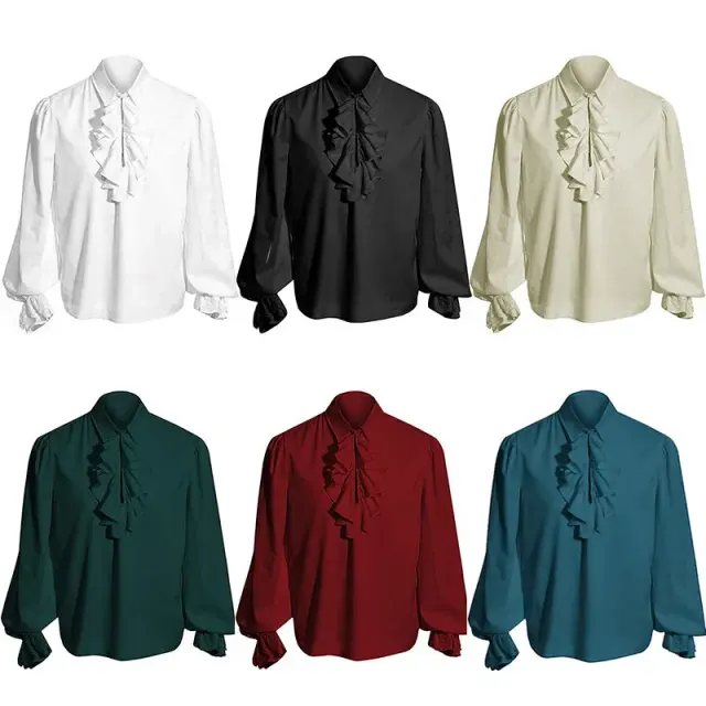 Men's long-sleeve steampunk shirt with ruffled detailing and a medieval-inspired Halloween costume look.