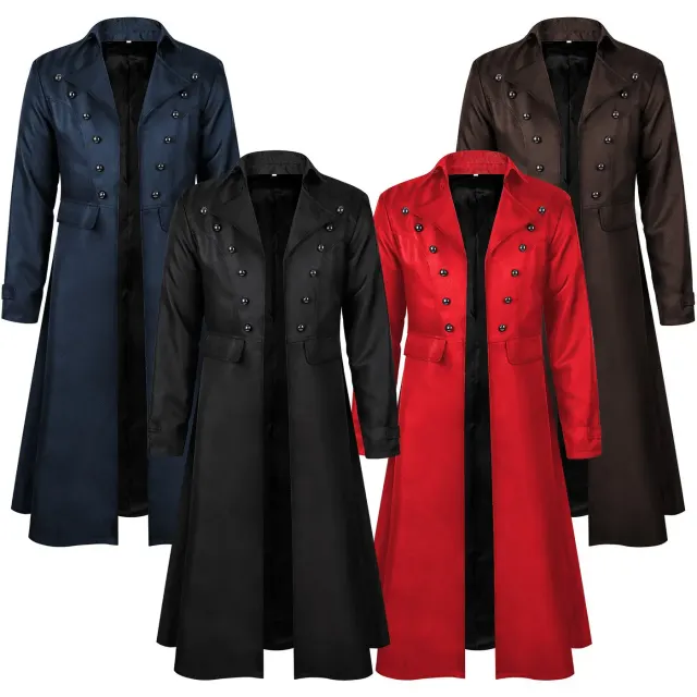 A men's black steampunk-style cosplay coat with a stand collar, long sleeves, and a lined body.
