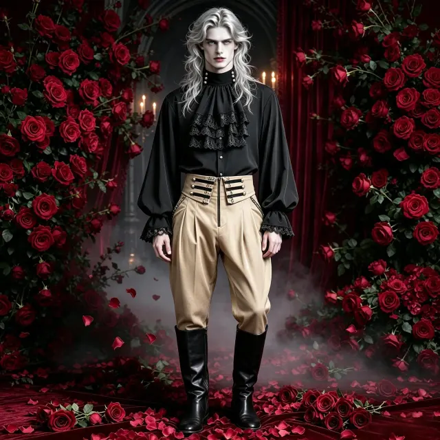 Men's long-sleeve dark tassel shirt in a steampunk and Victorian-inspired style, shown in the available black colorway.