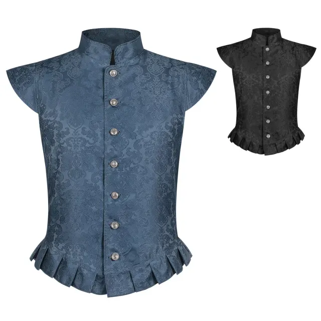 Men's blue Tudor-style jacquard vest with a ruffled stand collar, designed for Halloween cosplay and stage performances.