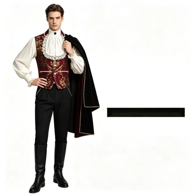 Men's Tudor king cosplay vest set with long sleeves and long pants in a court-style jacquard design.