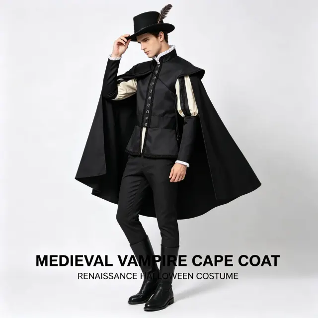 Men's Tudor noble cloak set with top, cloak, pants, and hat in a Renaissance-inspired cosplay costume.