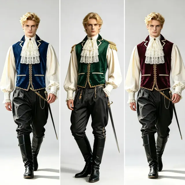 Men's Tudor prince king Renaissance costume set in green with a printed long-sleeve top and long pants.