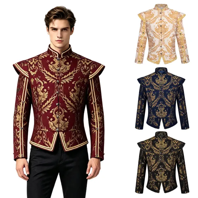Men's long-sleeve Tudor-style Renaissance jacket with jacquard detailing, designed for Halloween cosplay and stage performances.