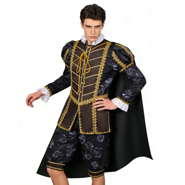 Men's Tudor royal court costume with a cape, designed for stage performance and cosplay.