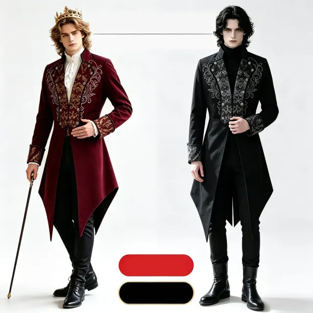 Men's red embroidered Victorian steampunk tailcoat displayed as a gothic cosplay and stage costume.