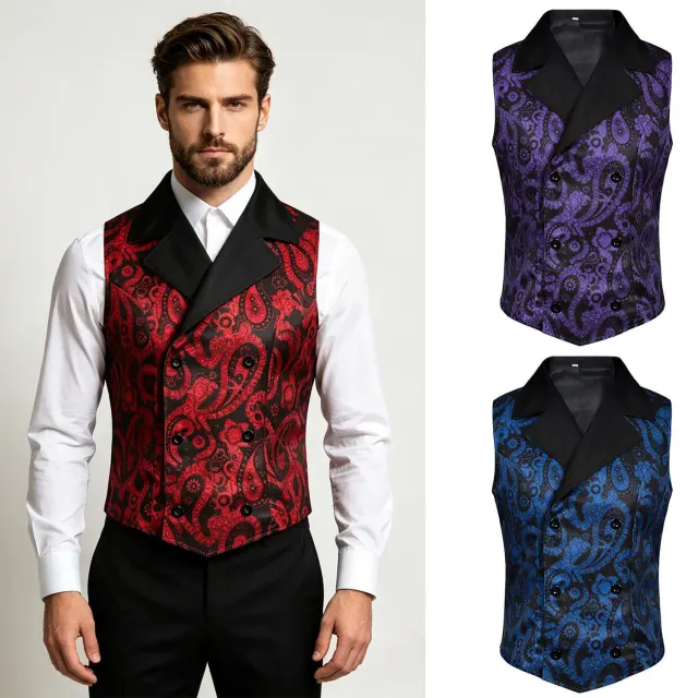 A men's Victorian steampunk vest shown in red with Gothic and Renaissance styling for Halloween costumes.