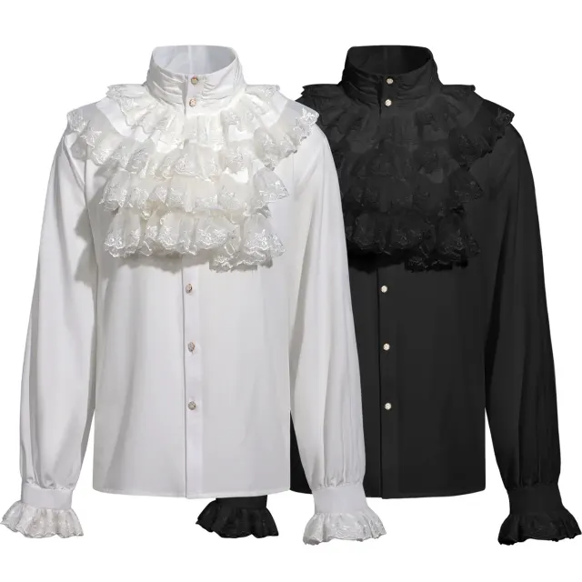 A men's black Victorian steampunk ruffled shirt with long sleeves and a printed pattern, styled as a cosplay costume top.
