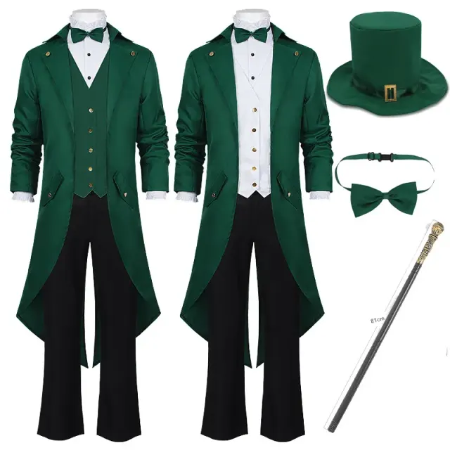 A men's long-sleeve Victorian-style tailcoat cosplay costume with a shirt collar, bow tie, and jacquard fabric detailing.