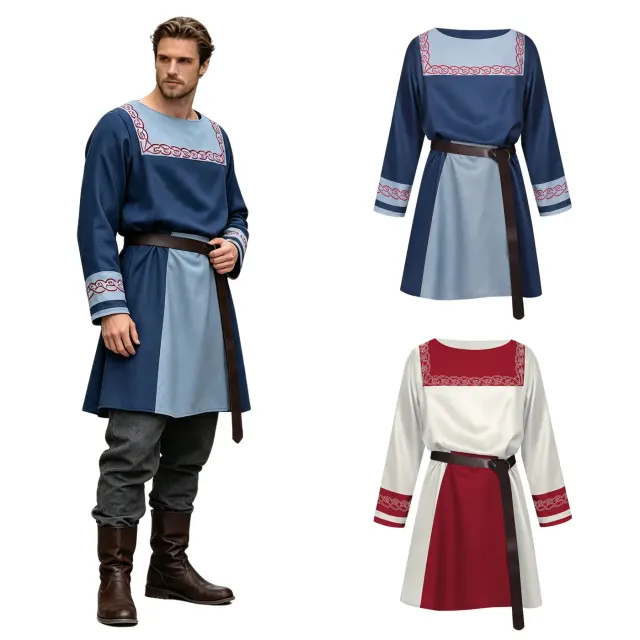 Men's blue Viking Halvar short robe with long sleeves, printed details, and a matching belt.