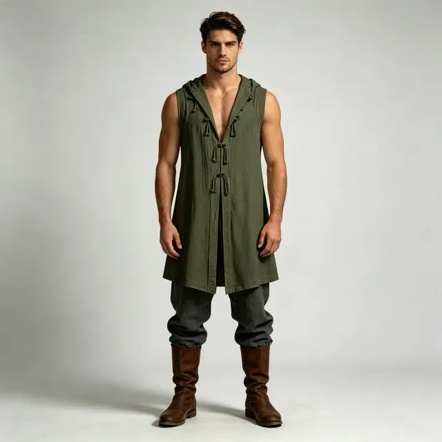 Men's Viking Medieval Renaissance Hooded Tunic Vest detail 11