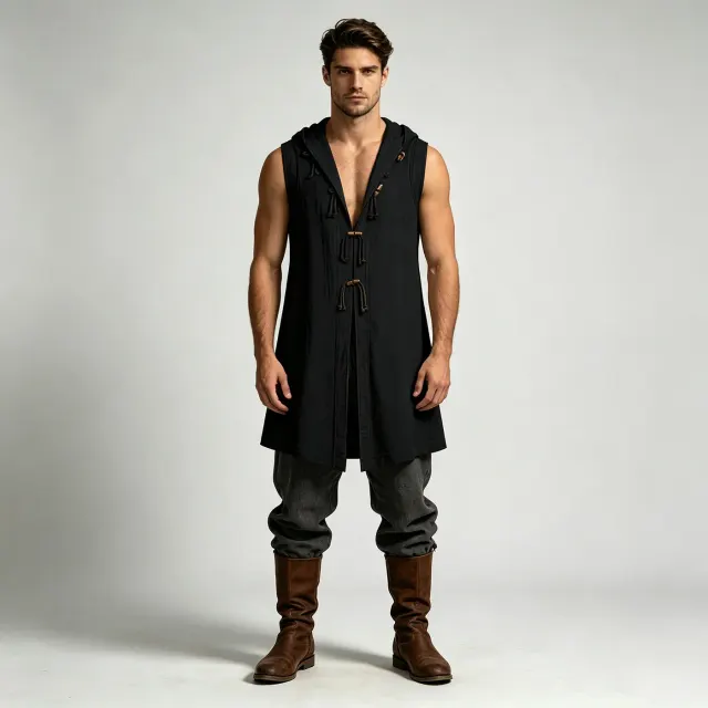 Men's Viking Medieval Renaissance Hooded Tunic Vest detail 15