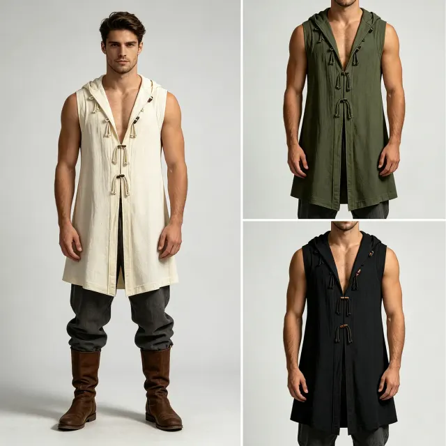 Men's beige Viking Renaissance hooded tunic vest with long sleeves for medieval cosplay.