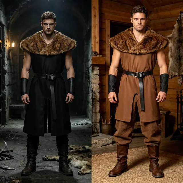 Black men's Viking-style warrior costume for Renaissance, medieval, LARP, and Halloween wear.