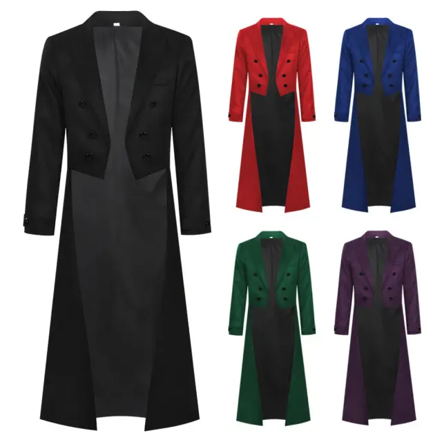 A men's vintage Gothic long tailcoat in black with printed detailing, styled for steampunk cosplay and Halloween stage performances.