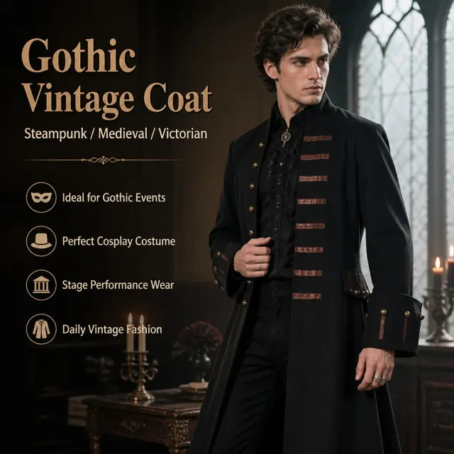 Men's Vintage Pirate Vampire Coat for Halloween Cosplay detail 10