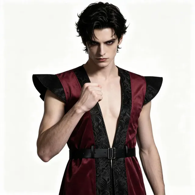 Men's wine red sleeveless long vest with ruffled trim in a medieval court style.