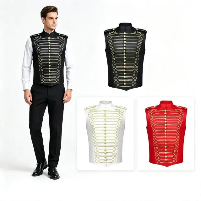 A military-style stand-collar vest with geometric embroidery, styled for Halloween cosplay and stage performance.