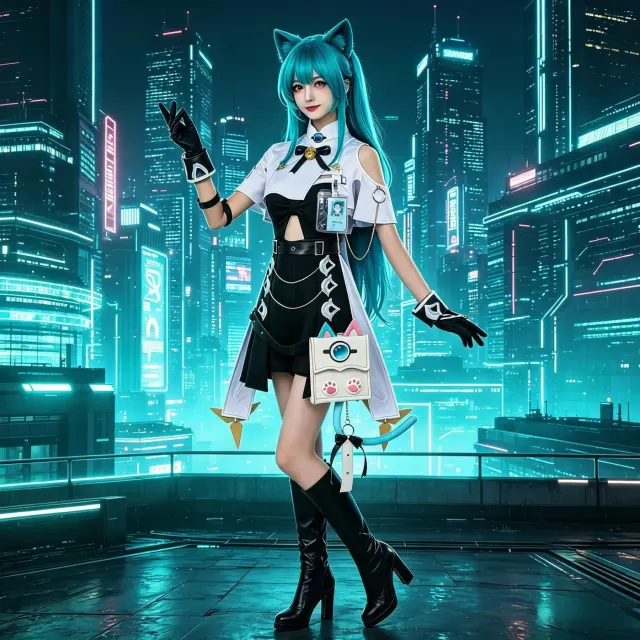Mint green Esper-style anime cosplay costume with a cat tail backpack accessory.