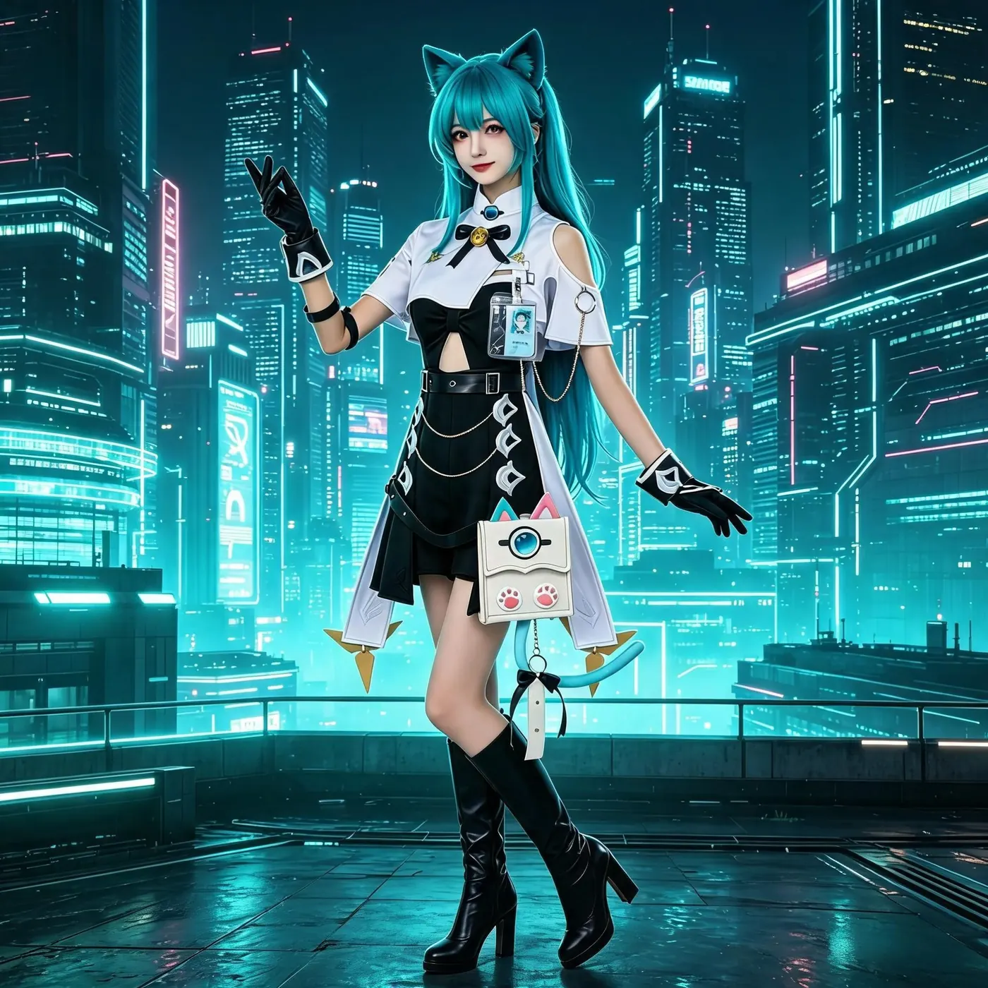 Mint green Esper-style anime cosplay costume with a cat tail backpack accessory.