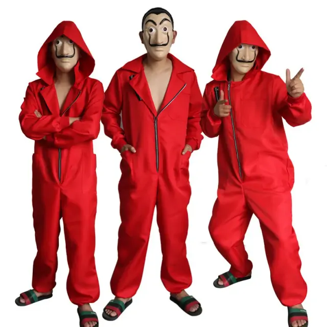 Red zip-up Dalí-style jumpsuit for Money Heist cosplay, Halloween, and stage performances.