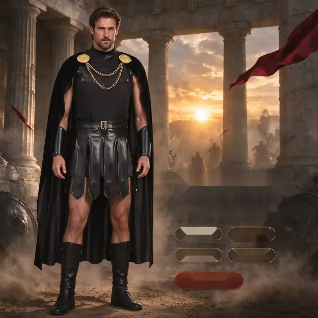 Odyssey medieval warrior cosplay costume with shoulder epaulettes and a cape.