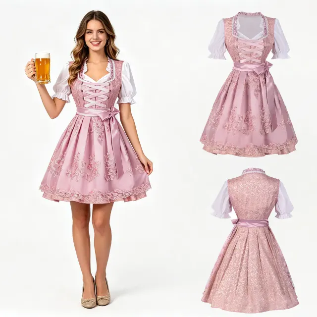 A women's Oktoberfest Bavarian beer maid dress with lace details, shown in Style 6.