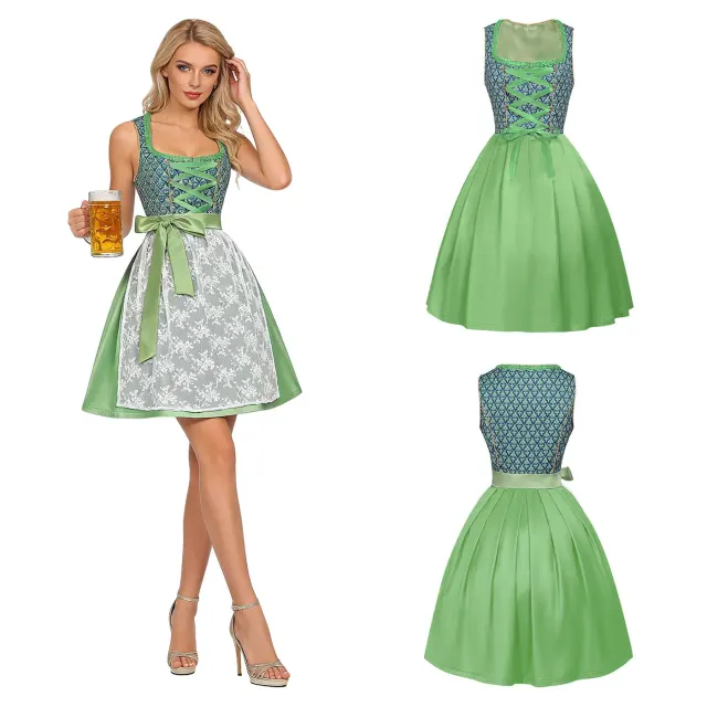 Women's Oktoberfest Bavarian dress featuring lace details and color-block panels in a beer dress style.