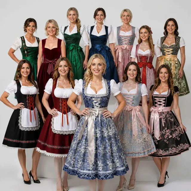A Bavarian-style two-piece Oktoberfest dress with a floral pattern, presented for festival party cosplay.