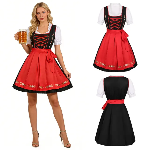 Black and red Oktoberfest beer maid cosplay dress shown for stage performance.