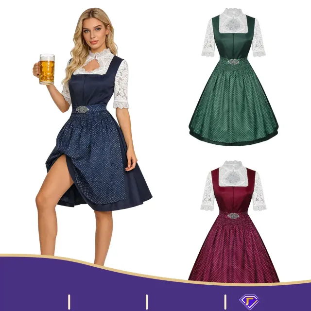 Women's short-sleeve Oktoberfest maid dress with a lace apron, shown as a three-piece cosplay costume set.