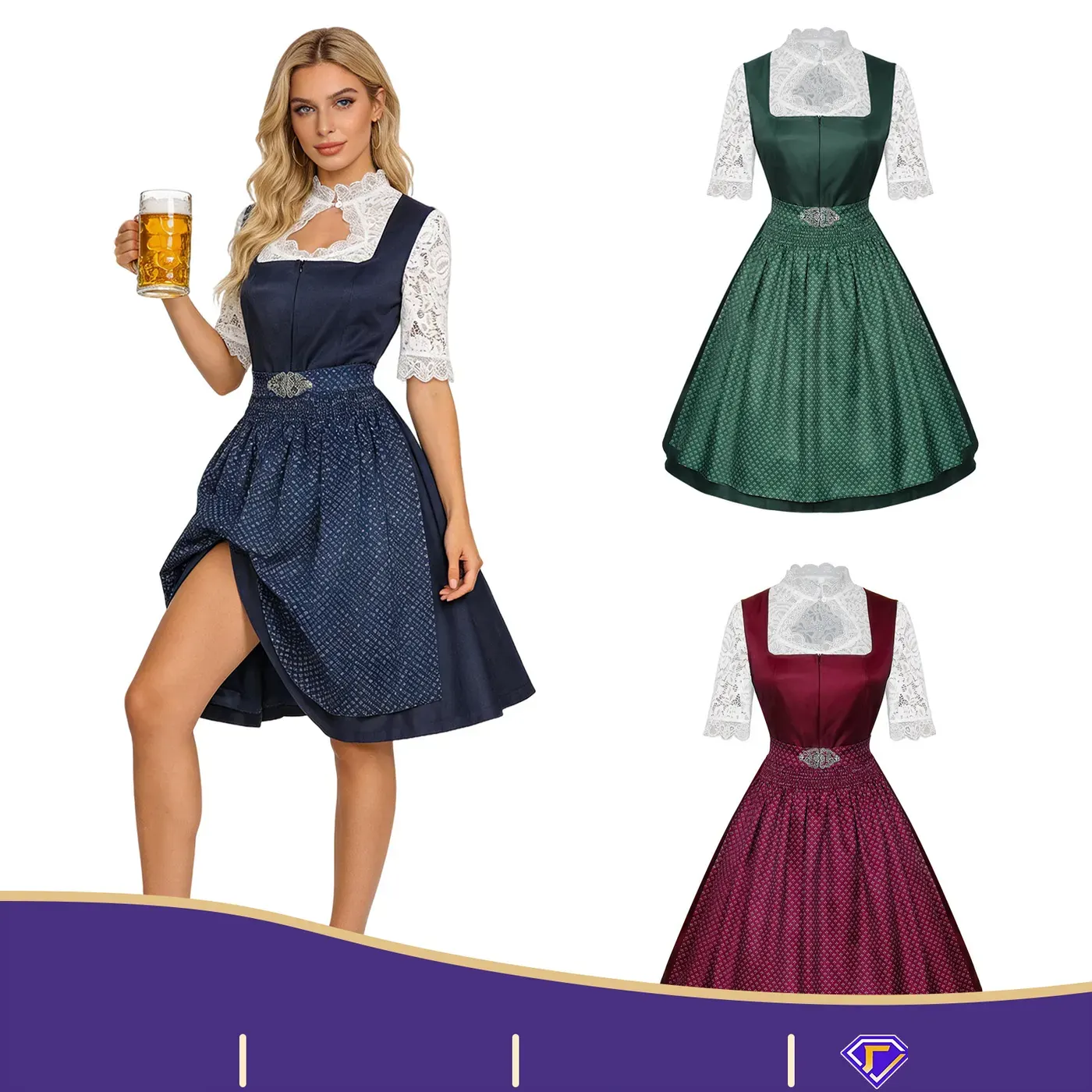 Women's short-sleeve Oktoberfest maid dress with a lace apron, shown as a three-piece cosplay costume set.
